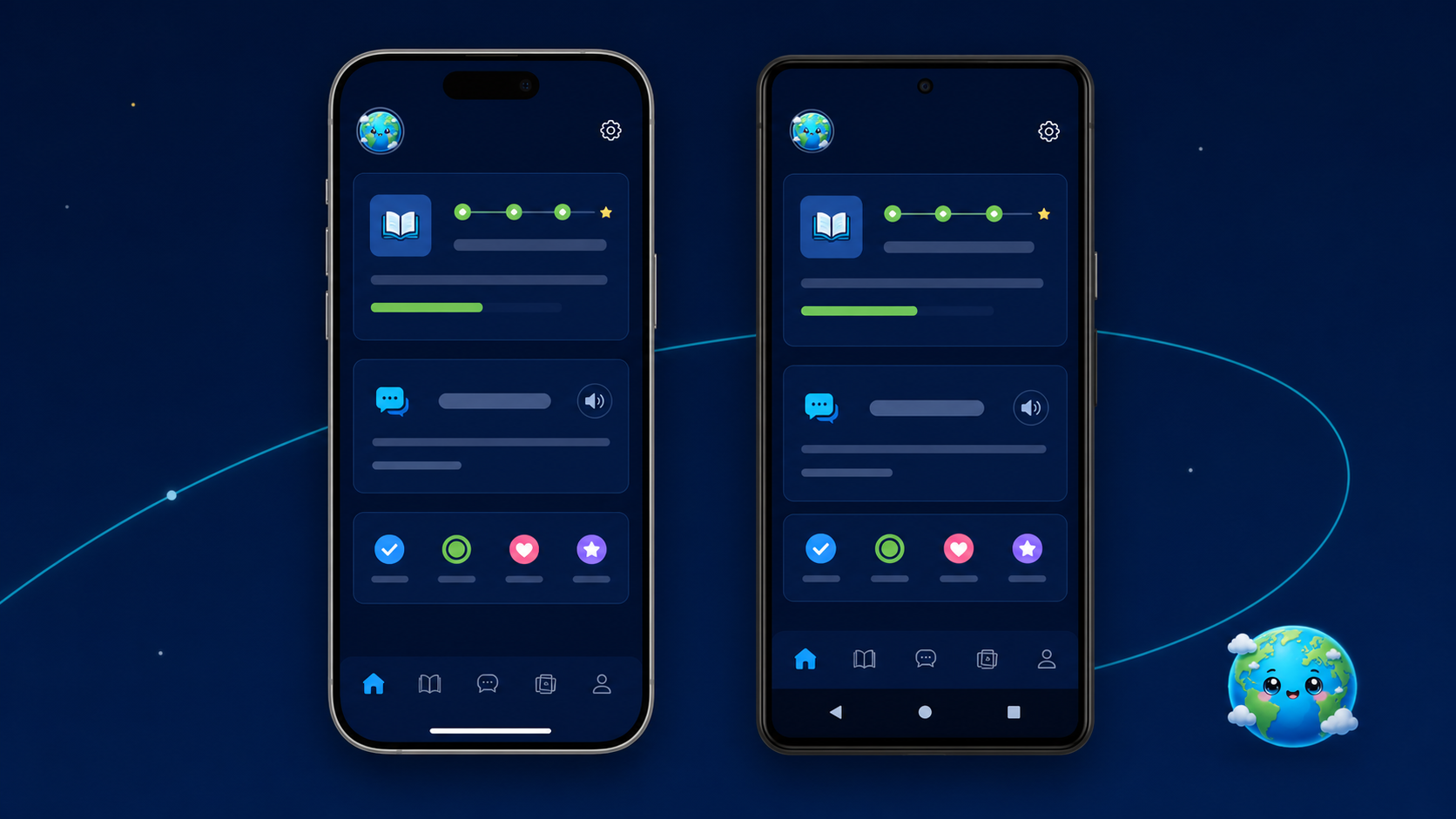 Two phones show the upcoming Orbilingua mobile app for iOS and Android